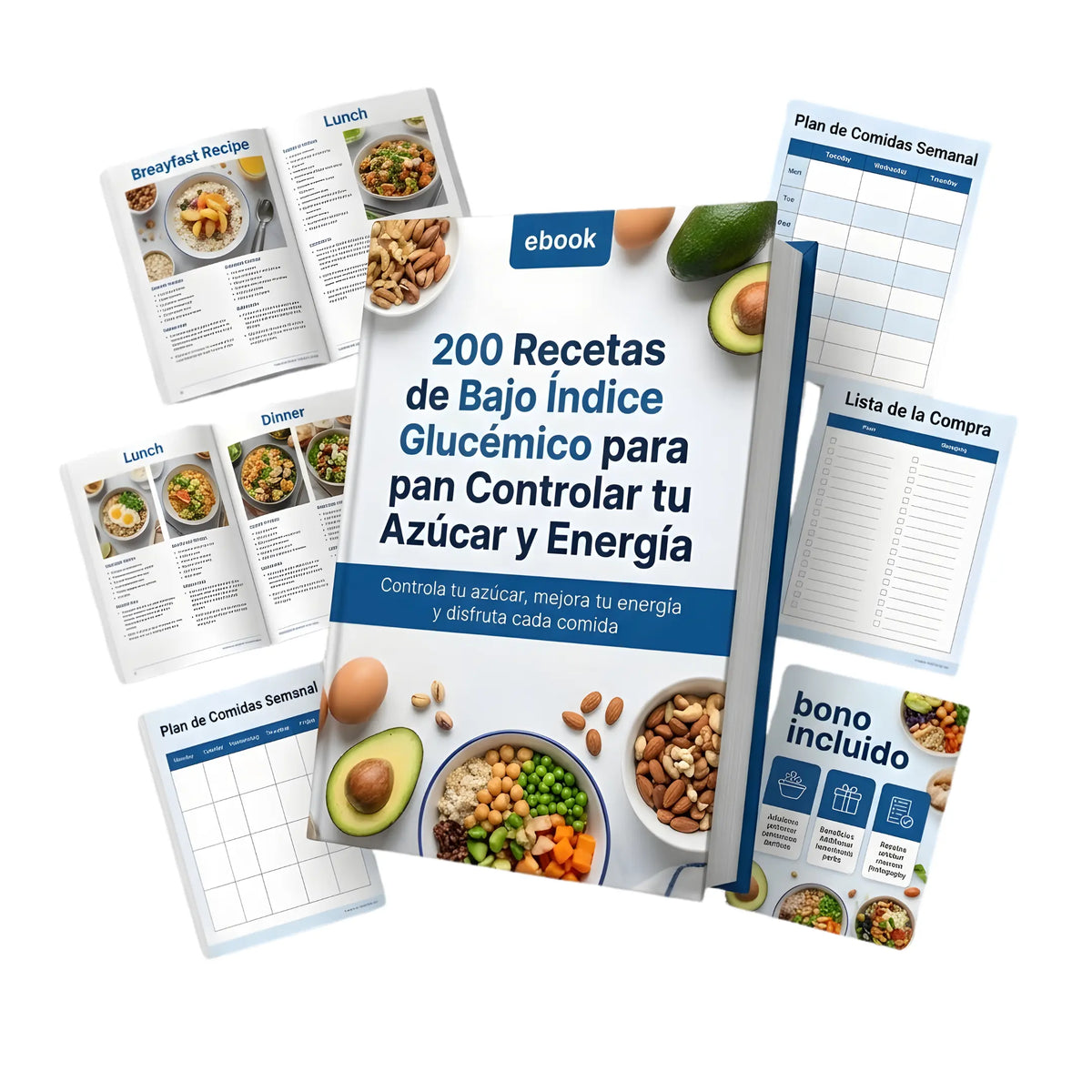 Libro de 200 recetas de bajo índice glucémico de Glucora Argentina, con platos saludables y fáciles de preparar.