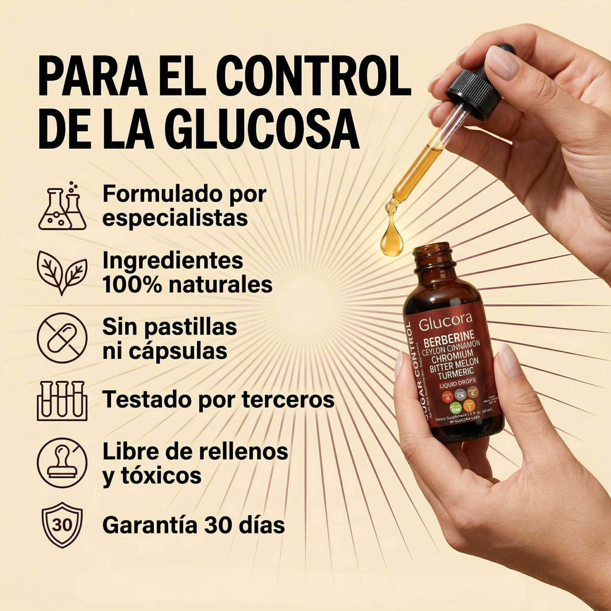 Suplemento natural Glucora™ de Mi tienda para controlar colesterol, triglicéridos y glucosa, con cápsulas en envase blanco y verde.