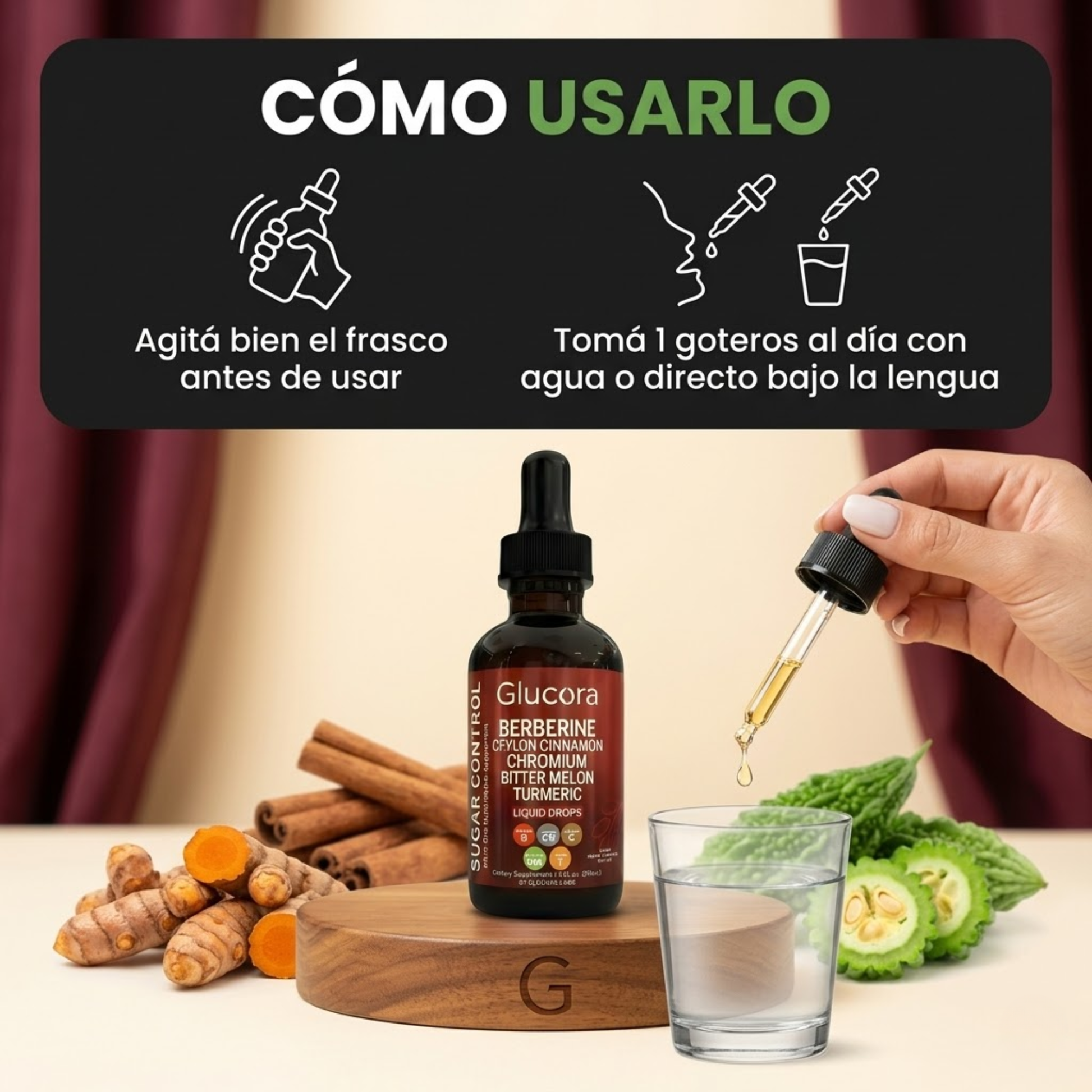 Suplemento Glucora™ de control natural para colesterol, triglicéridos y glucosa, con cápsulas de color blanco y verde.