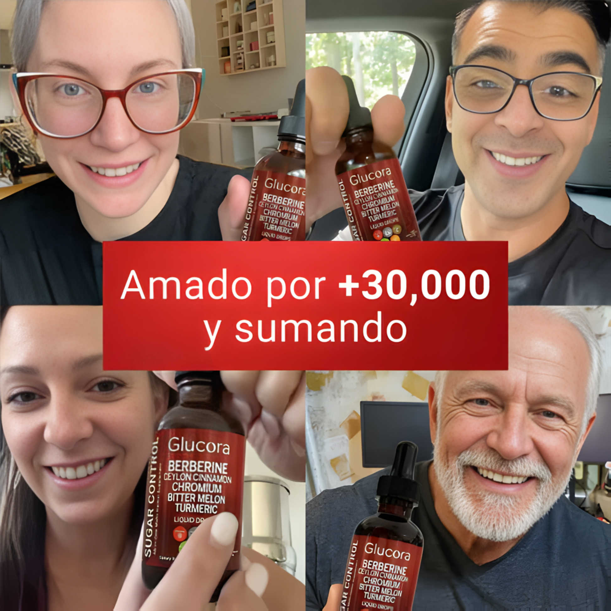 Suplemento natural Glucora™ de Mi tienda, control de colesterol, triglicéridos y glucosa, en envase con cápsulas.