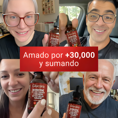 Suplemento natural Glucora™ de Mi tienda, control de colesterol, triglicéridos y glucosa, en envase con cápsulas.