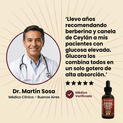 Suplemento Glucora™ de Control Natural para colesterol, triglicéridos y glucosa, cápsulas en envase blanco y verde.