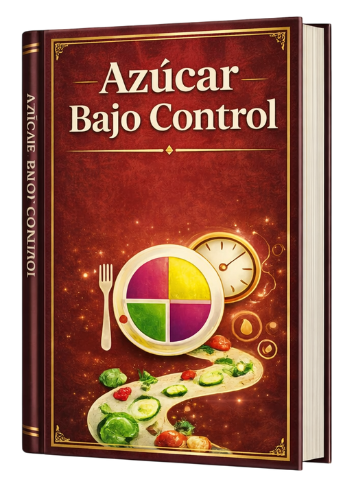 Libro electrónico "Azúcar Bajo Control" de Glucora Argentina, portada con diseño azul y blanco, con título visible en la portada.