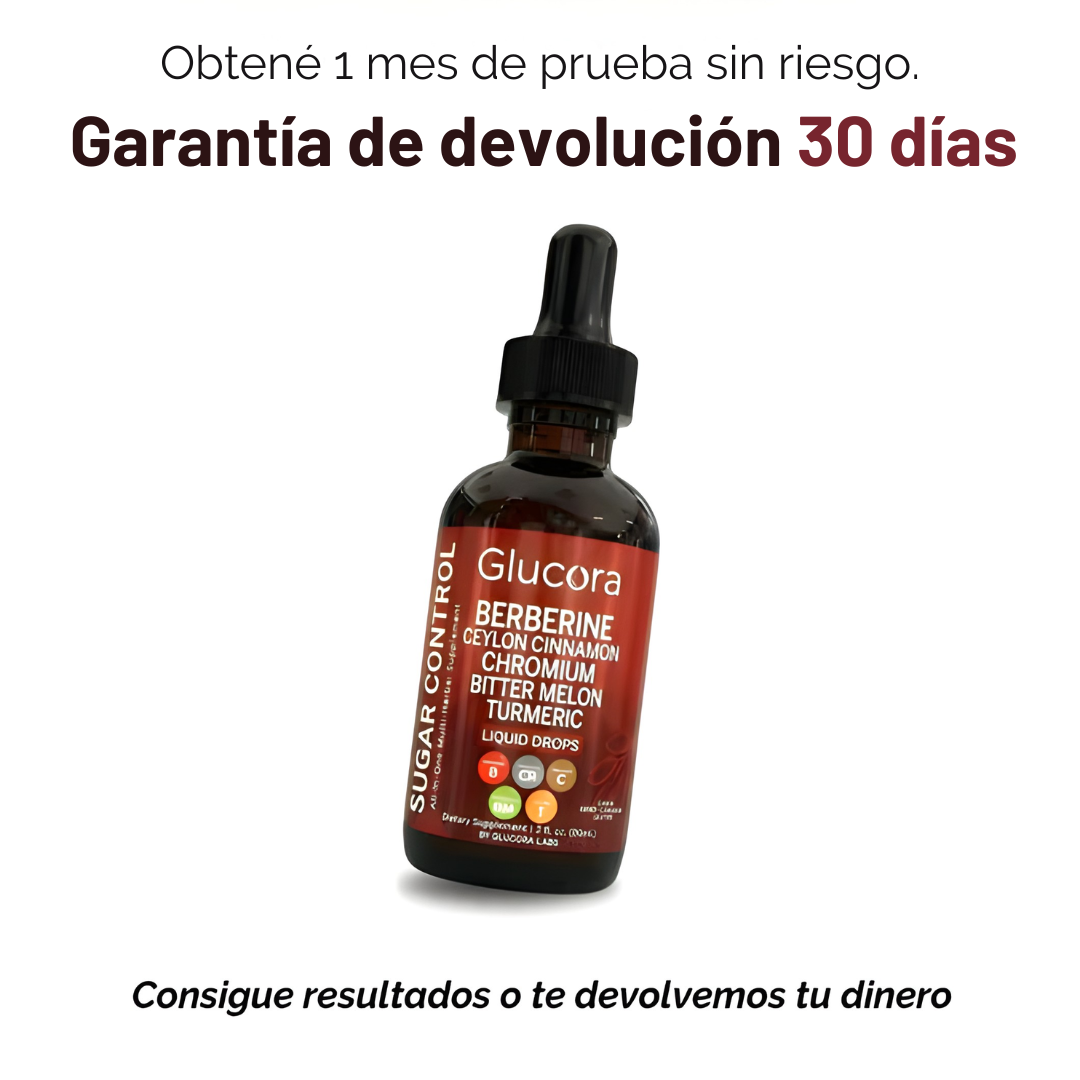 Suplemento natural Glucora de Mi tienda para controlar colesterol, triglicéridos y glucosa, con ingredientes naturales.