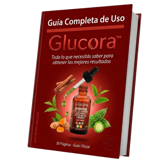 Imagen de la guía de uso de Glucora Argentina, mostrando instrucciones y detalles para el consumo del producto.