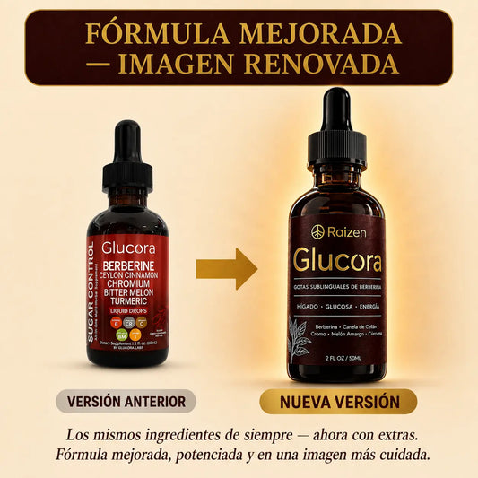 Suplemento Glucora Argentina en envase con cápsulas, apoyo natural para glucosa, energía y control de antojos.